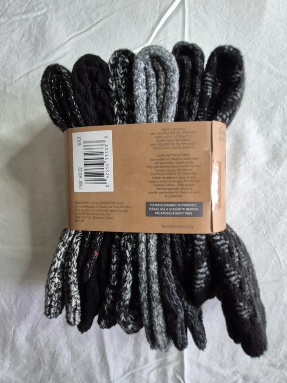 BearPaw Women's 6-Pair Boot Socks Black Combination, Fits Shoe Size: 4-10 NWT
